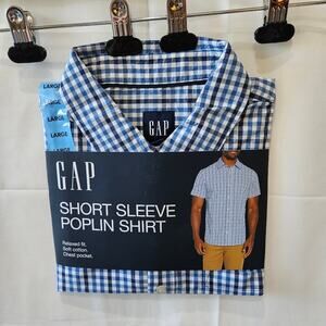 Gap Poplin Shirt Button Up Box Short Sleeve Shirt Blue White Size Large